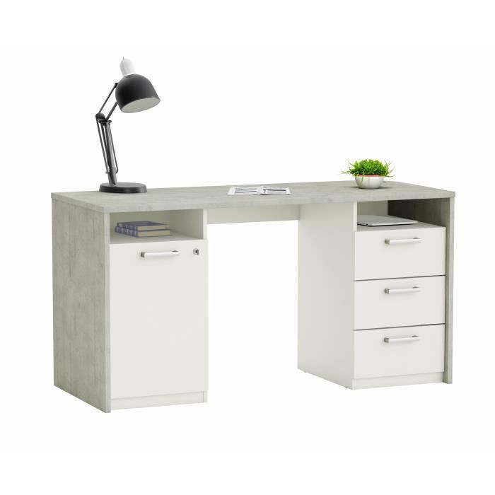 Bureau avec rangements - STANFORD - Beton gris/blanc mat - L145,1 x P60 x H75,7 cm - DEMEYERE