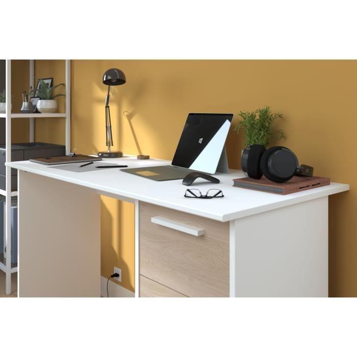 Bureau ESSENTIEL PARISOT 3 tiroirs - Décor chene et blanc - L 121,2 x P 55 x H 74,5 cm - Fabriqué en France - Paloma Tech