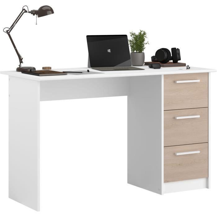 Bureau ESSENTIEL PARISOT 3 tiroirs - Décor chene et blanc - L 121,2 x P 55 x H 74,5 cm - Fabriqué en France - Paloma Tech