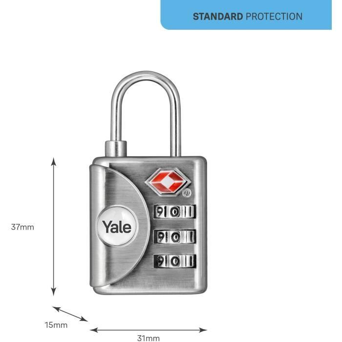 Cadenas a Code - YALE - YTP1/32/119/1 - Gris - Combinaison Programmable 3 chiffres homologué TSA 32 mm - Pour Valise