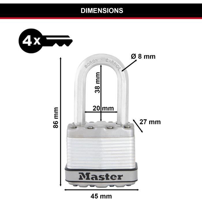 Cadenas Haute Sécurité - MASTER LOCK - M1EURDLFCC - A Clé - Acier Laminé - Extérieur - Anse M