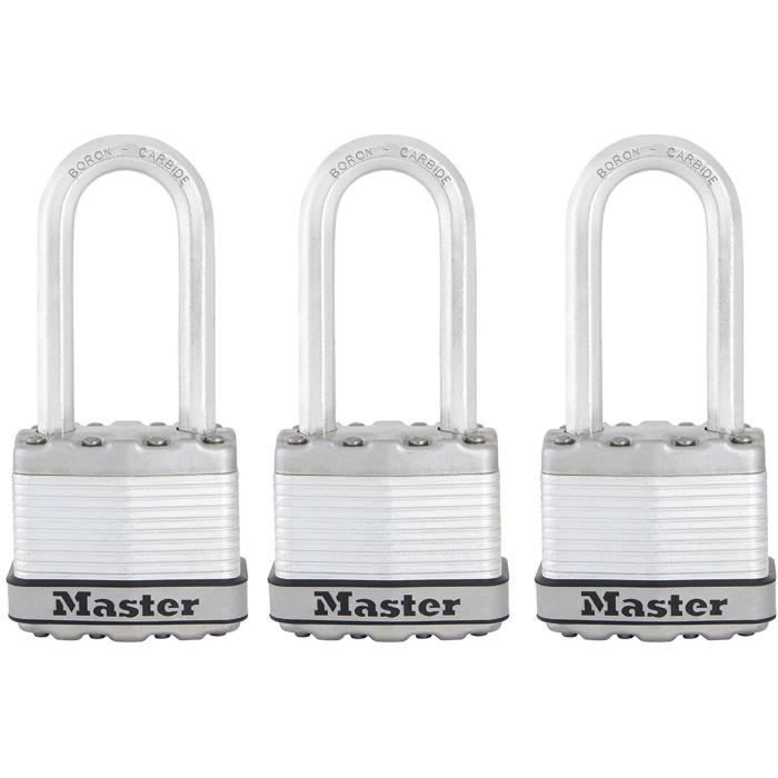 Cadenas Haute Sécurité - MASTER LOCK - M1EURTRILH - A Clé - Acier Laminé - Extérieur - Anse L - Pack de 3 - Idéal