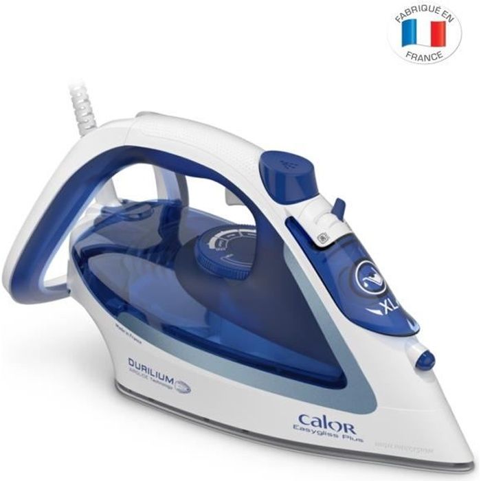 CALOR Fer a repasser vapeur 2400 W Débit vapeur 45 g/min Fonction Pressing 190 g/min Fabriqué en France Easygliss