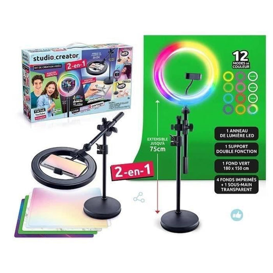 Canal Toys - Studio Vidéo 2-en-1 avec anneau lumineux LED multicolore support double fonction- Studio Creator - INF027