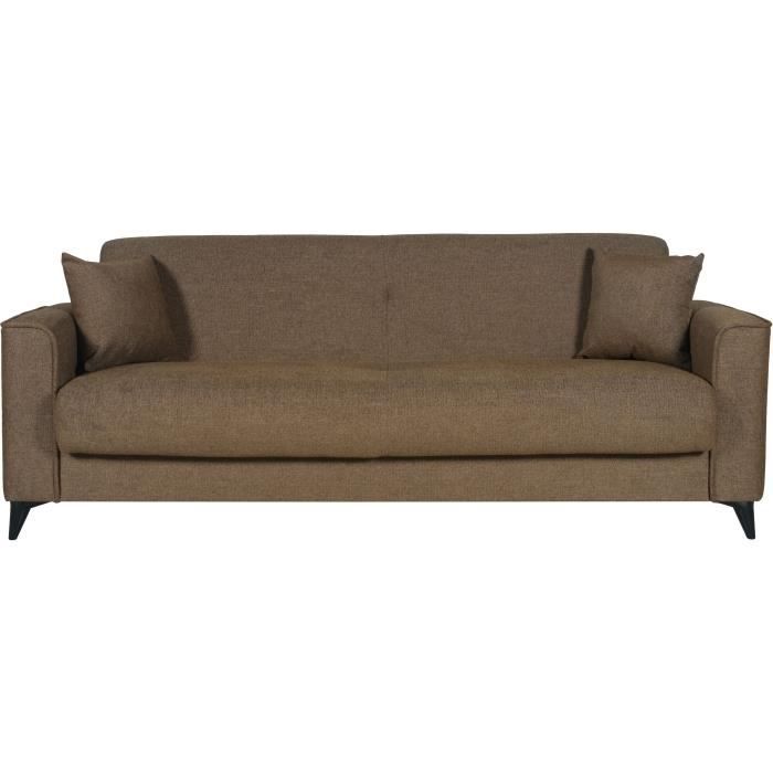 Canapé convertible 3 places - BERGAMO - Tissu marron - 2 coussins - coffre de rangement - 230 x 85 x 89 cm