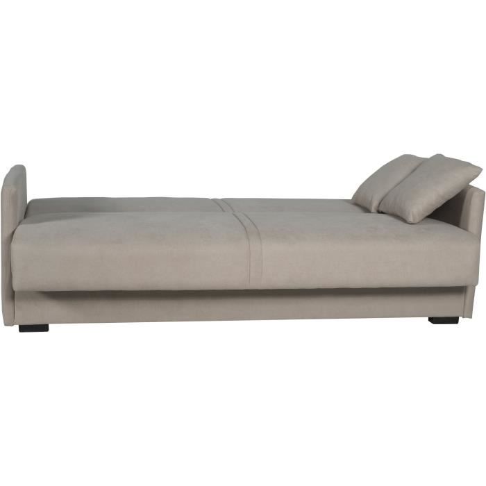 Canapé convertible 3 places - BIANCA - Tissu beige - 4 coussins - Coffre de rangement - 204 x 92 x 91 cm