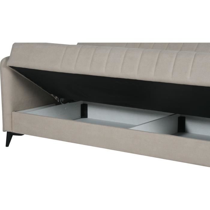 Canapé convertible - 3 places - ENZO - Tissu beige - 2 coussins - Coffre de rangement - 211 x 92 x 98 cm