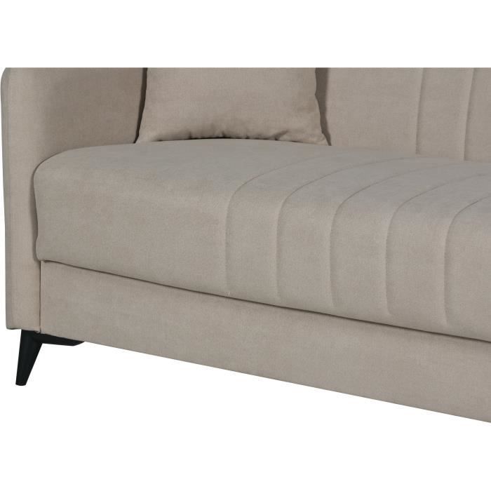 Canapé convertible - 3 places - ENZO - Tissu beige - 2 coussins - Coffre de rangement - 211 x 92 x 98 cm