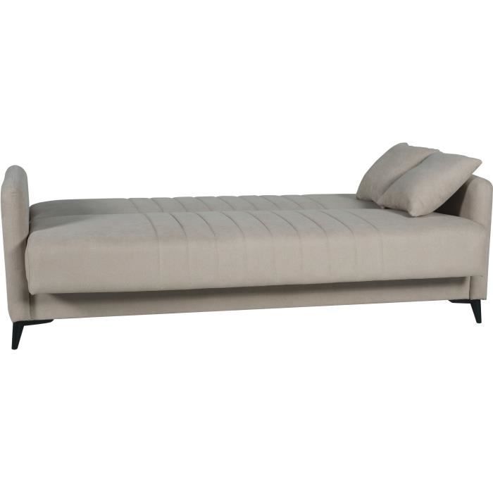 Canapé convertible - 3 places - ENZO - Tissu beige - 2 coussins - Coffre de rangement - 211 x 92 x 98 cm