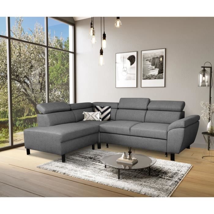 Canapé d’angle convertible - 4 personnes - STAN - Tissu Anthracite - 3 tétieres - Réversible - 243 x 92 x 184 cm