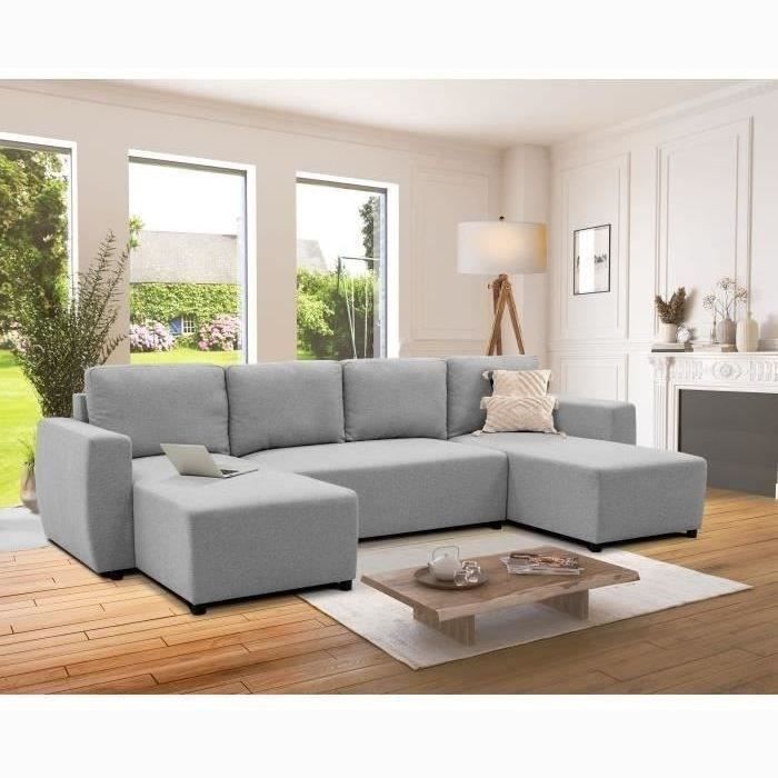 Canapé d’angle convertible panoramique PHARELL 5/6 places - Tissu souris - Coffre de rangement - L297 x P155 x H85 cm