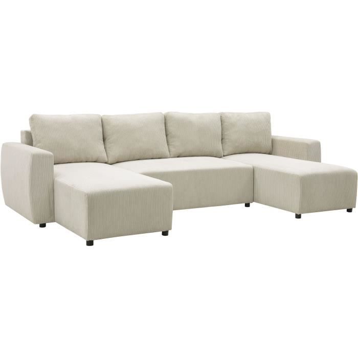 Canapé d’angle convertible panoramique PHARELL 7 places - Velours côtelé beige - Coffre de rangement - L297 x P155 x H85