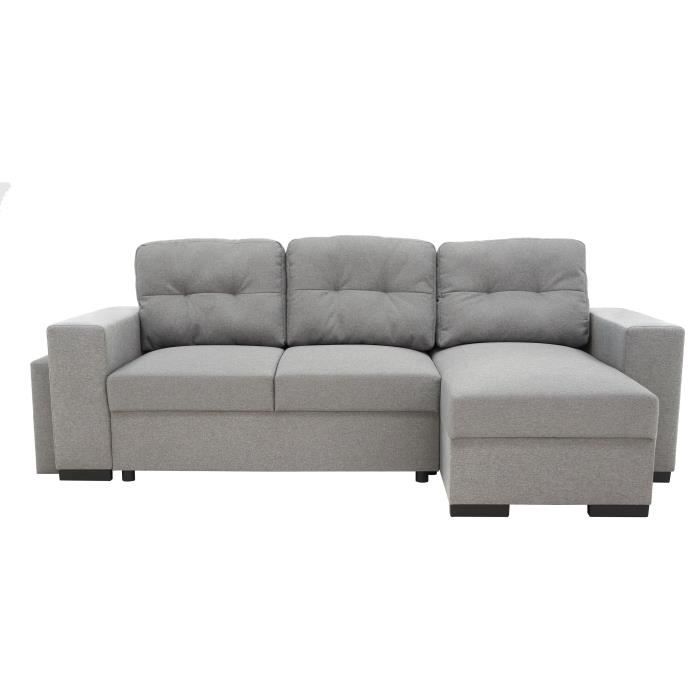 Canapé d’angle convertible réversible 3 places JAMES - L 245 x H 91 x P 139 cm - Coffre et 2 poufs Gris