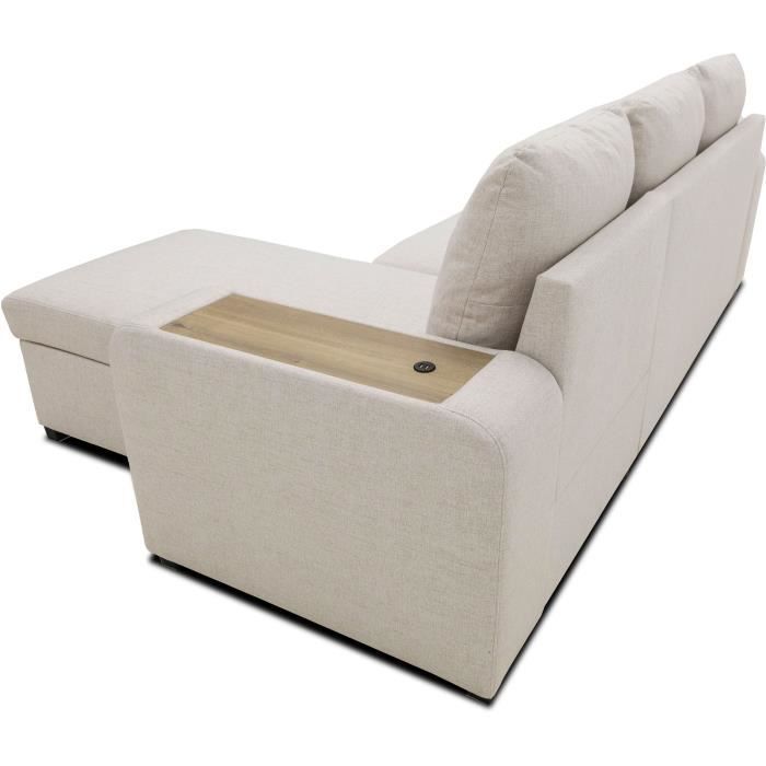 Canapé d’angle convertible réversible VALDO 3 a 4 places - Tissu Beige - Tablette avec USB - Coffre + Pouf