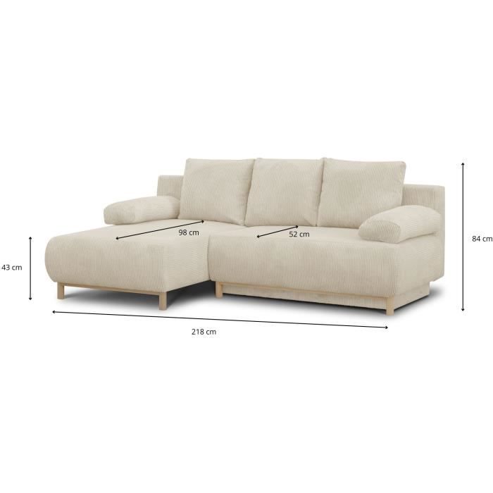 Canapé d’angle gauche convertible MIKA 3 places - Velours côtelé beige - Coffre de rangement - L218 x P98/145 x H84 cm