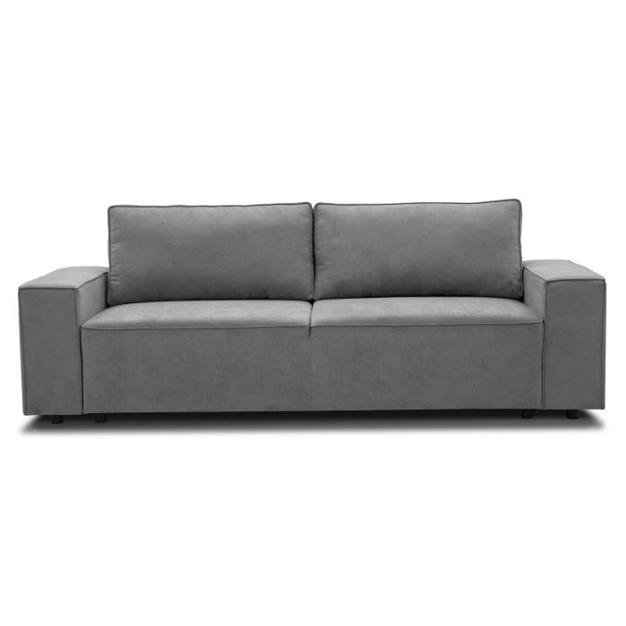 Canapé droit convertible 3 places JOSH - Tissu gris - Coffre de rangement - L239xP86xH85cm