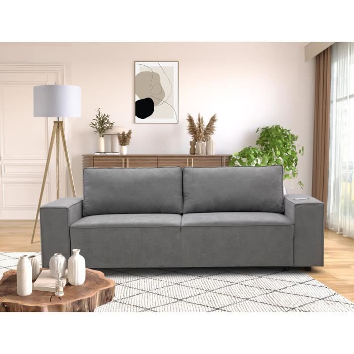 Canapé droit convertible 3 places JOSH - Tissu gris - Coffre de rangement - L239xP86xH85cm