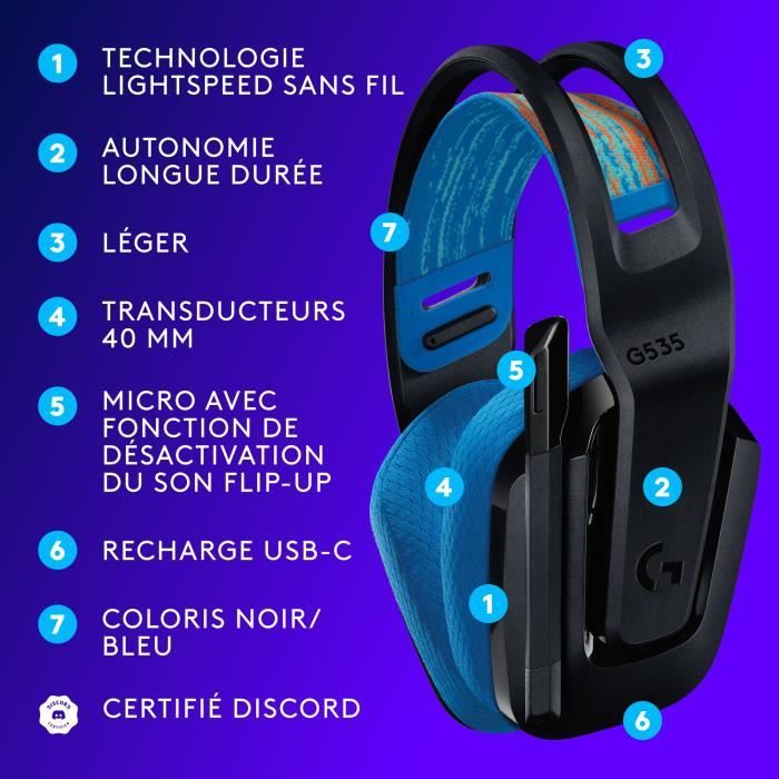 Casque gamer - Sans fil - LOGITECH G - G535 LIGHTSPEED - PC & PS5 - Noir/Bleu