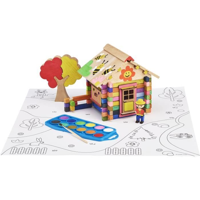 Chalet a Peindre 85 Pieces - JEUJURA - Jeu de Construction en Bois Naturel Accessoires et Peinture Inclus 26x24x9 cm