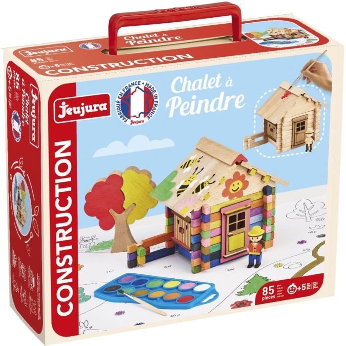 Chalet a Peindre 85 Pieces - JEUJURA - Jeu de Construction en Bois Naturel Accessoires et Peinture Inclus 26x24x9 cm