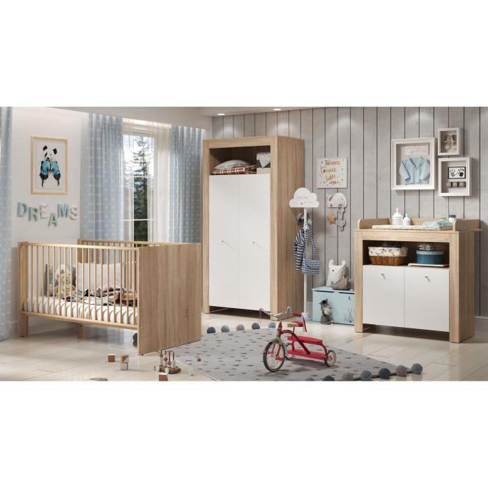 Chambre bébé trio PIA - Lit 70x140 cm + Commode a langer 2 portes + Armoire 2 portes - Décor chene sonoma et blanc mat - TRENDTEAM - Paloma Tech