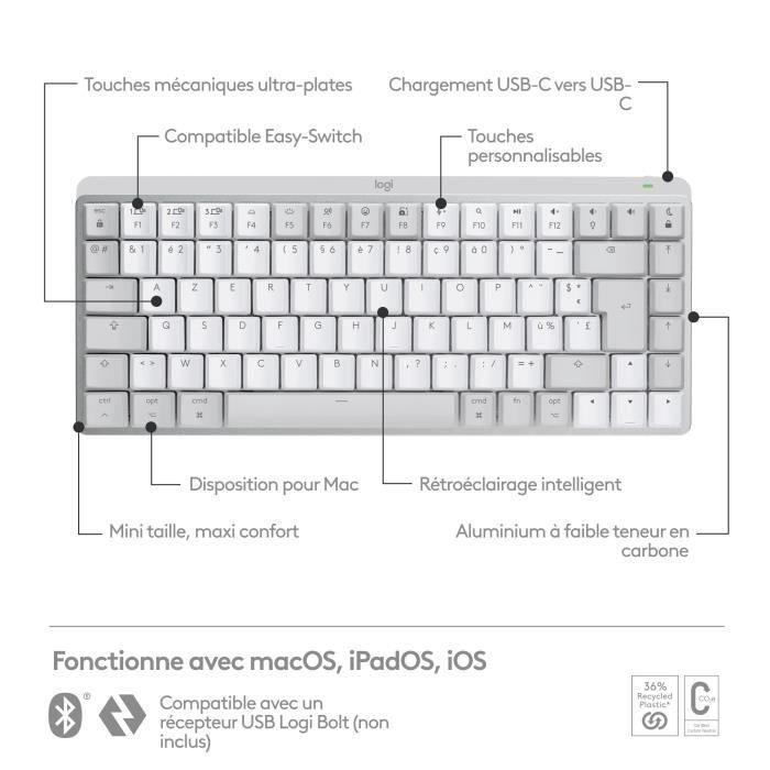 Clavier Logitech MX Mechanical Mini pour Mac Clavier Sans Fil Illumine - Gris Pale - Paloma Tech