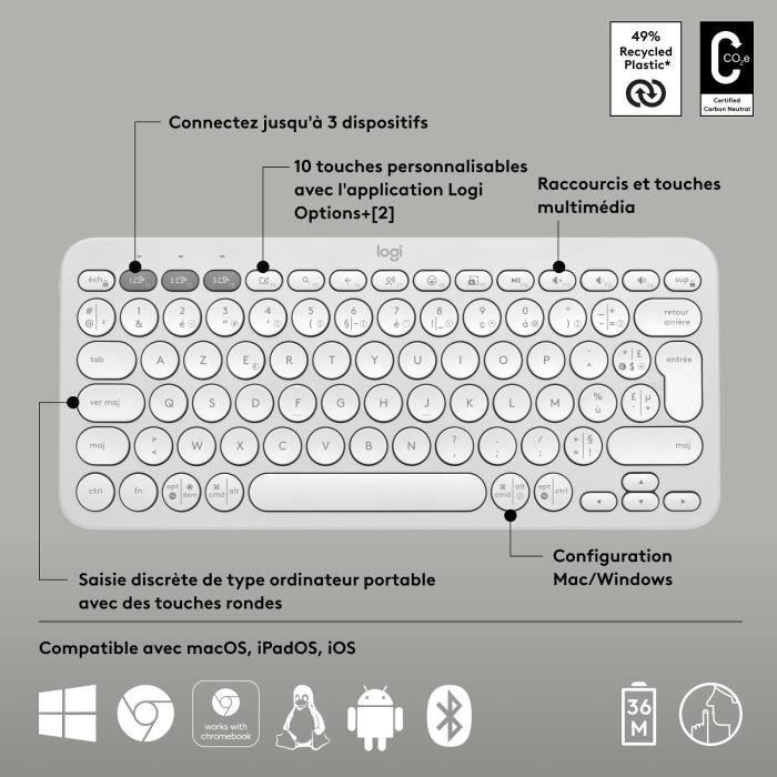 Clavier Logitech Pebble Keys 2 K380s clavier sans fil Bluetooth multidispositif - Blanc - Paloma Tech