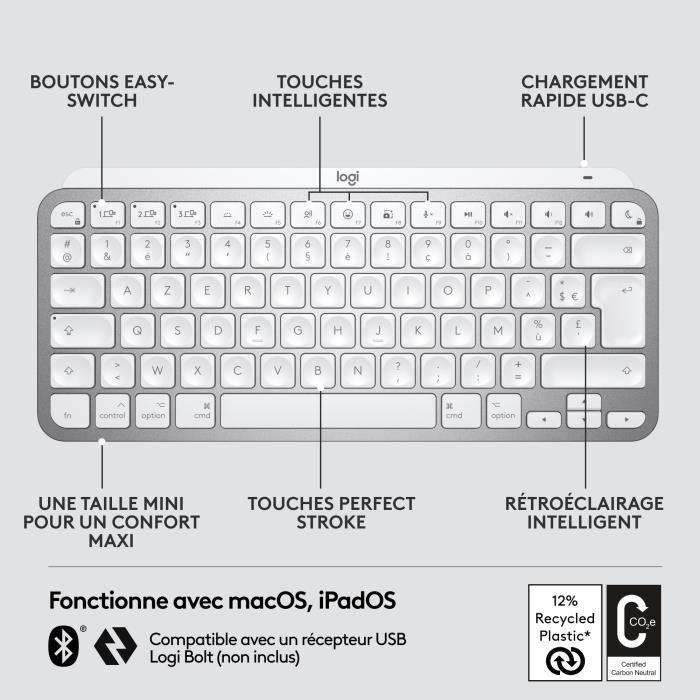 Clavier Logitech sans fil MX Keys Mini pour Mac compact, Bluetooth, rétroéclairé - Paloma Tech