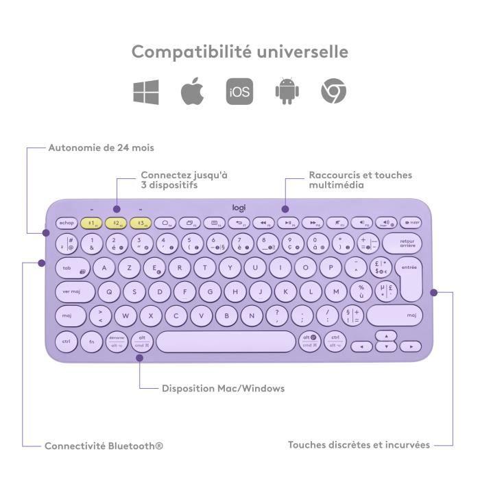 Clavier - Sans Fil - Logitech - K380 - AZERTY - Lavande - Paloma Tech