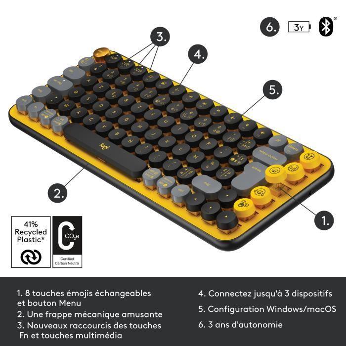 Clavier - Sans fil - Logitech - Pop Keys - Mécanique - Touche Emoji - AZERTY - Jaune - Paloma Tech