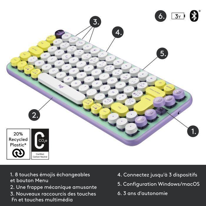 Clavier - Sans fil - Logitech - Pop Keys - Mécanique - Touche Emoji - Menthe - Paloma Tech