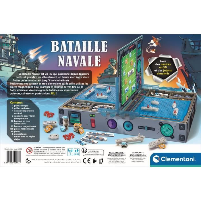 CLEMENTONI - Bataille Navale - Jetons magnétiques et navires en 3D - Jeu de logique - 2 personnes