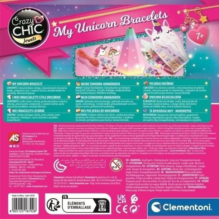 Clementoni - Crazy Chic - Coffret créatif Licorne - Créer tes bracelets en perles colorés avec charms et pompoms