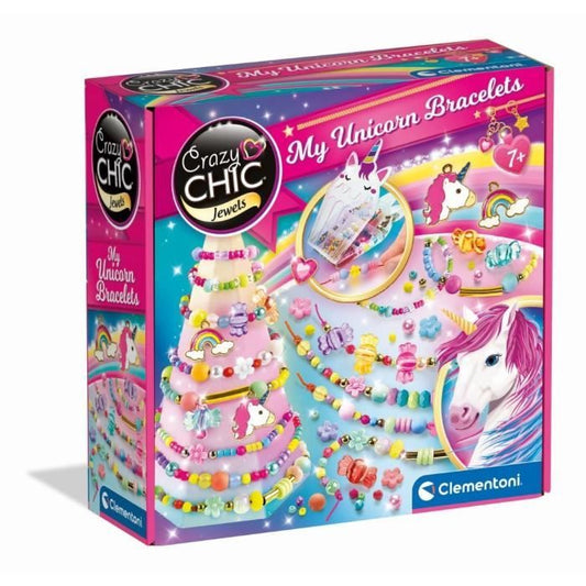 Clementoni - Crazy Chic - Coffret créatif Licorne - Créer tes bracelets en perles colorés avec charms et pompoms