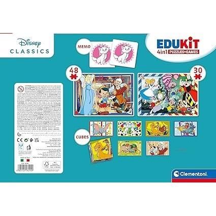 Clementoni - Edukit - Disney - Coffret apprentissage 4 en 1 - 2 puzzles 1 mémo 1 jeu de 6 cubes - Fabriqué en Italie