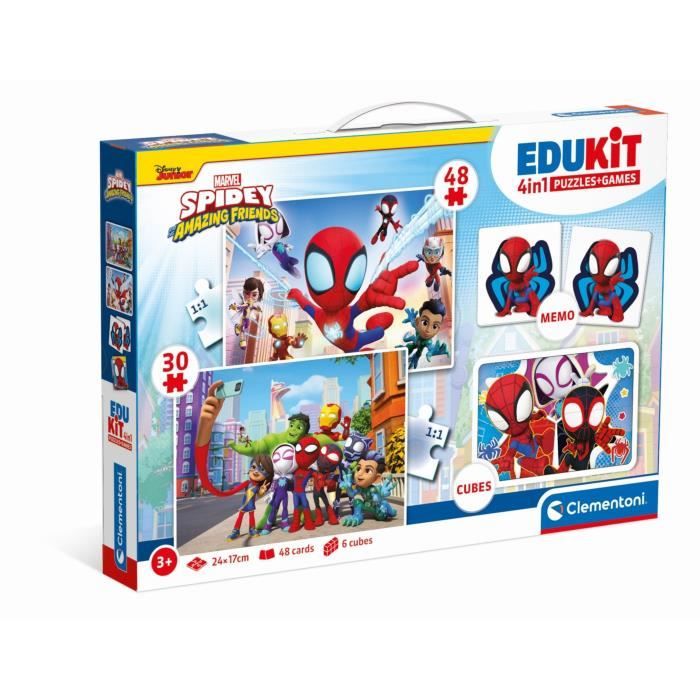 Clementoni - Edukit - Spidey -Coffret apprentissage 4 en 1 - 2 puzzles 1 mémo 1 jeu de 6 cubes - Fabriqué en Italie