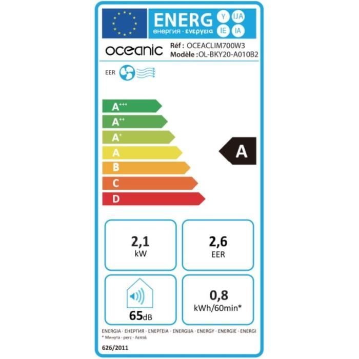 Climatiseur mobile OCEANIC - 7000 BTU - 2050W - Déshumidificateur - Programmable - Classe énergétique A - Monobloc