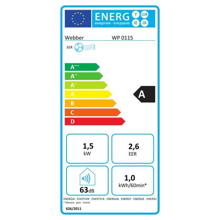 Climatiseur mobile WEBBER WP0115 - Classe A - Volume air 240m3/h - 1,5 kW