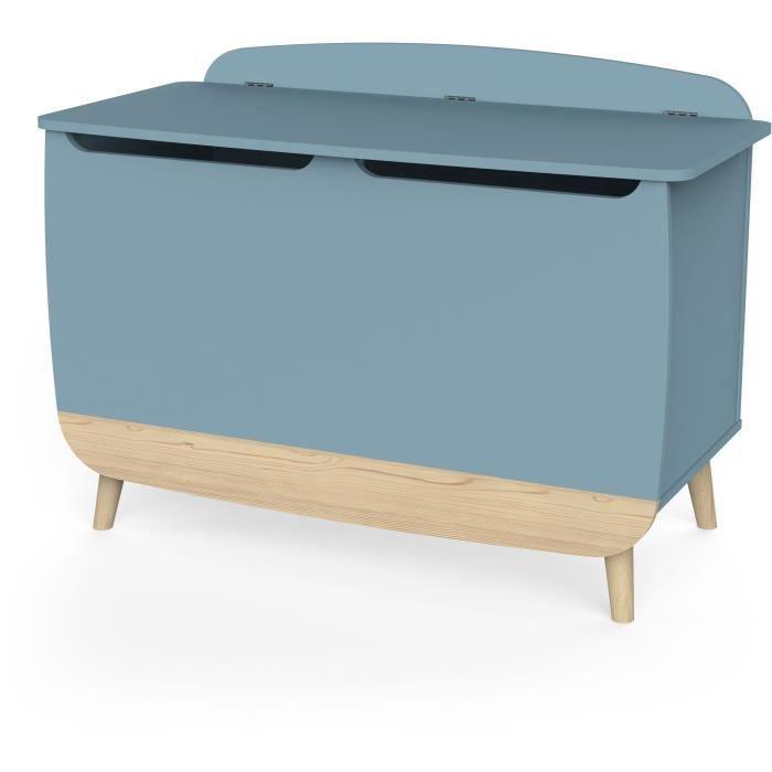 Coffre a jouets - FIRMIANA - style scandinave - Bleu orage et bois naturel - 82,4 x 39,1 x 58,9 cm - DEMEYERE - Paloma Tech