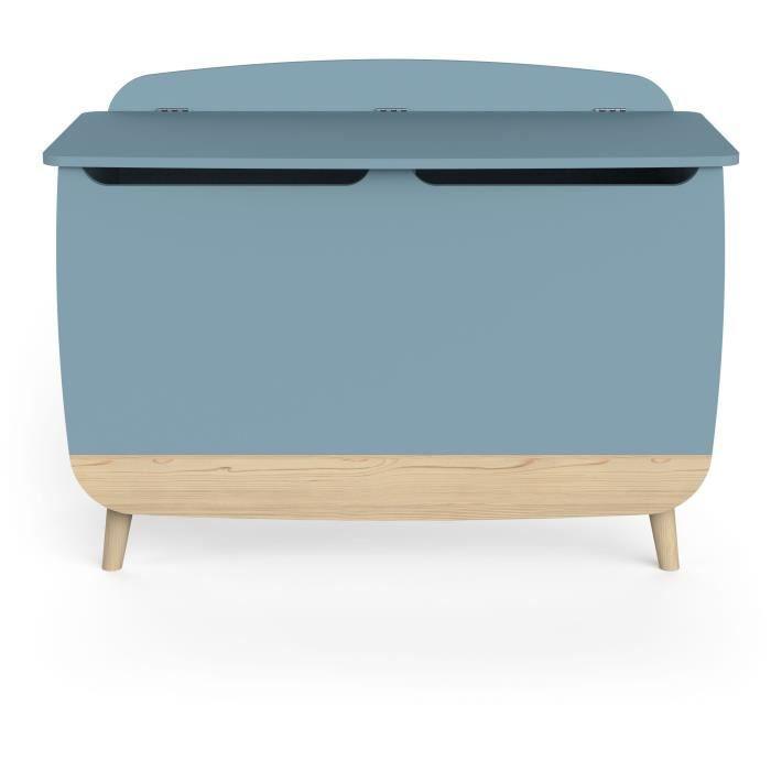 Coffre a jouets - FIRMIANA - style scandinave - Bleu orage et bois naturel - 82,4 x 39,1 x 58,9 cm - DEMEYERE - Paloma Tech