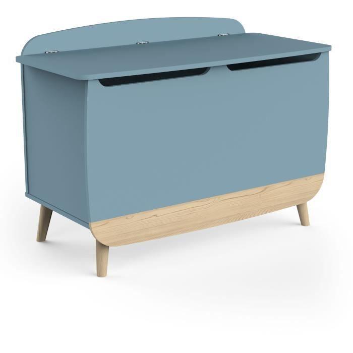 Coffre a jouets - FIRMIANA - style scandinave - Bleu orage et bois naturel - 82,4 x 39,1 x 58,9 cm - DEMEYERE - Paloma Tech