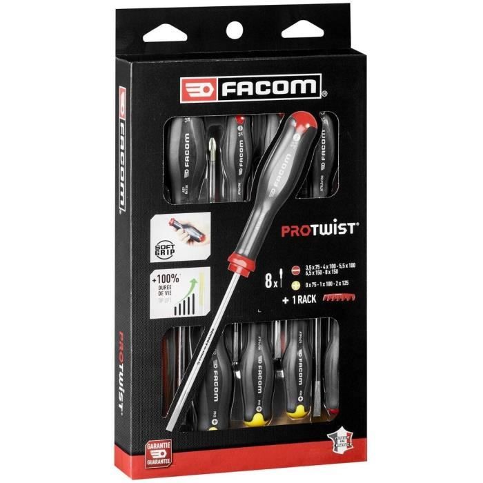 Coffret de 8 Tournevis Protwist FACOM - AT.8PB - Fente/Prozidriv/Phillips - Gris