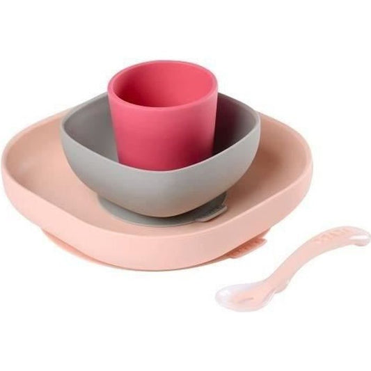 Coffret repas Silicone Bébé - BEABA - Avec Ventouse - Anti-dérapant - 4 Pieces - Rose