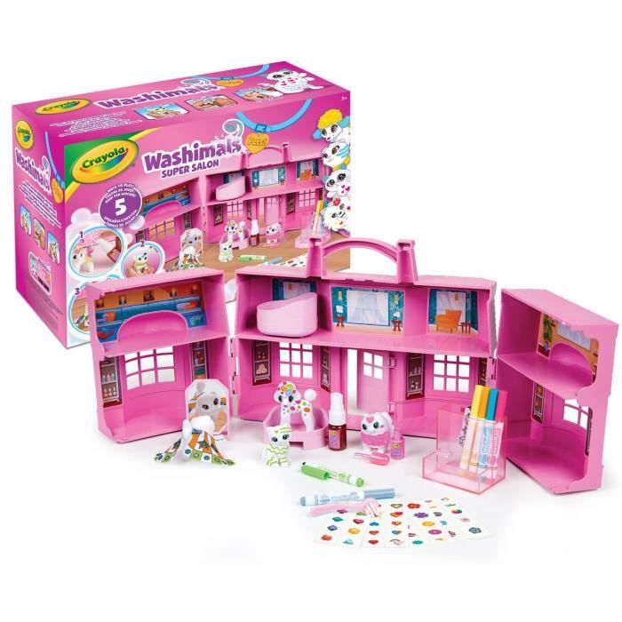 Coffret Super Salon Washimals - CRAYOLA - 5 animaux miniatures - Accessoires lavables a l’eau