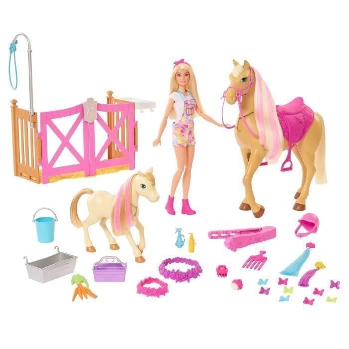 Coffret Toilettage des Chevaux Barbie avec 1 poupée 2 chevaux et plus de 20 accessoires pour les enfants de 3