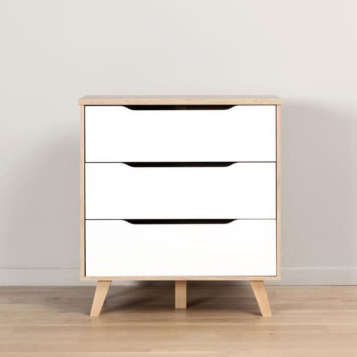 Commode 3 tiroirs - Décor chene et blanc mat - Pieds en massif - Scandinave L 80 cm - VANKKA - Paloma Tech