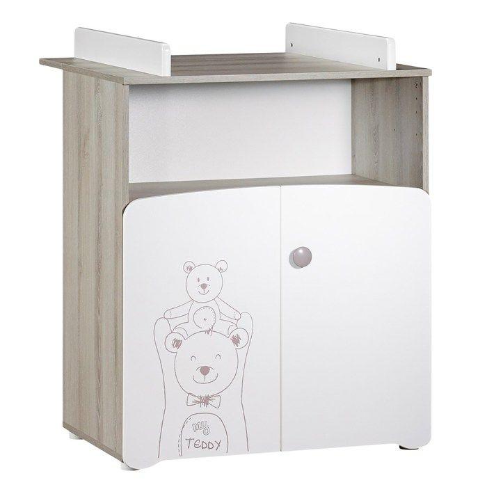 Commode a langer - Babyprice - Teddy - En bois blanc - Sérigraphie ours - 2 portes- 97x76x66cm - Paloma Tech