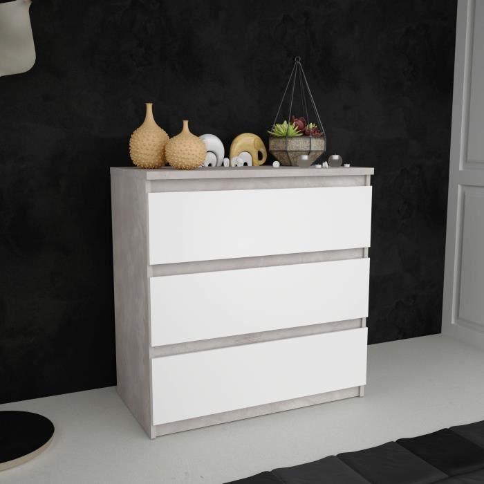 Commode CHELSEA 3 Tiroirs - Couleur blanc/béton clair - L 77,2 x P 42 x H 79,9 cm - Paloma Tech