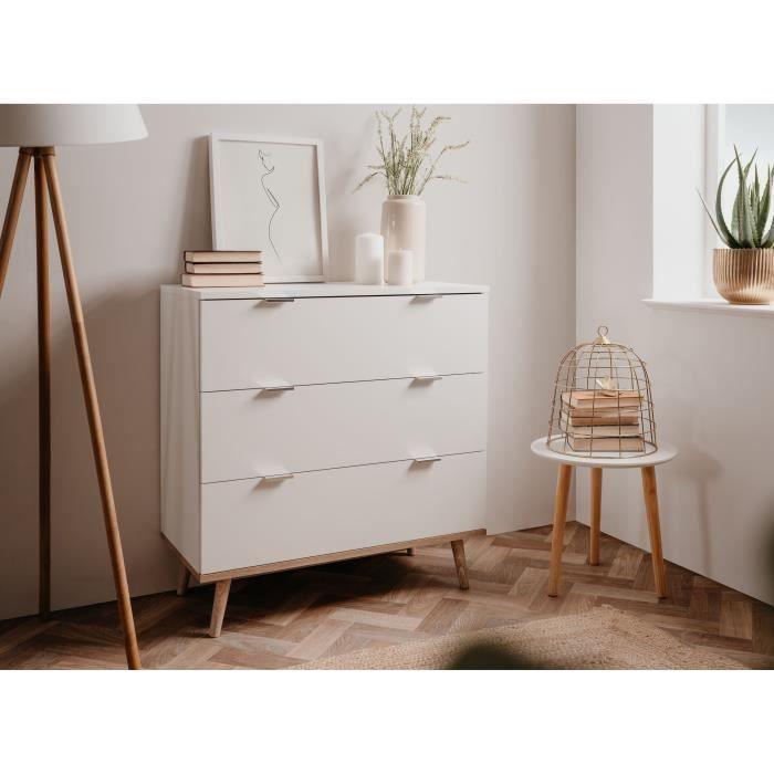 Commode Göteborg - 3 tiroirs - Décor chene sonoma Blanc - Scandinave - L 79,8 x P 40 x H 86,5 cm - Paloma Tech