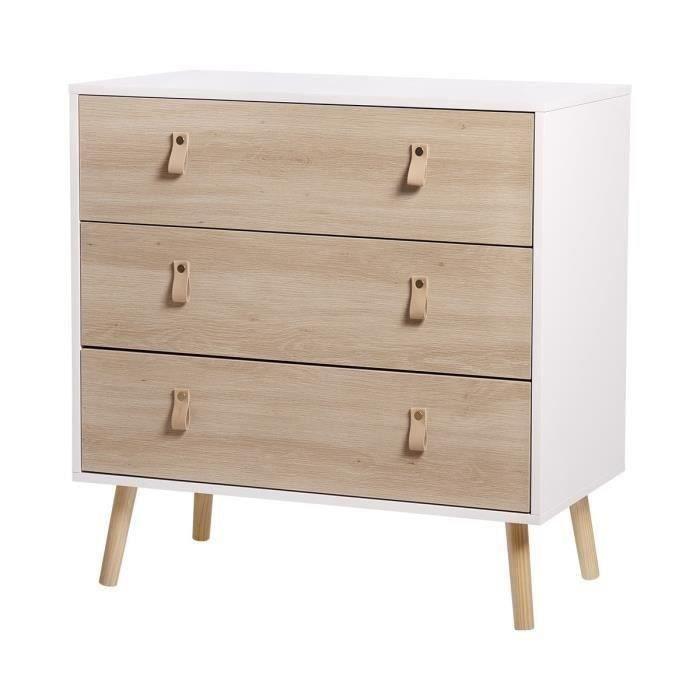 Commode KENT - 3 tiroirs  - Chene et blanc - L 80 x P 40 x H 80,5 cm - Paloma Tech